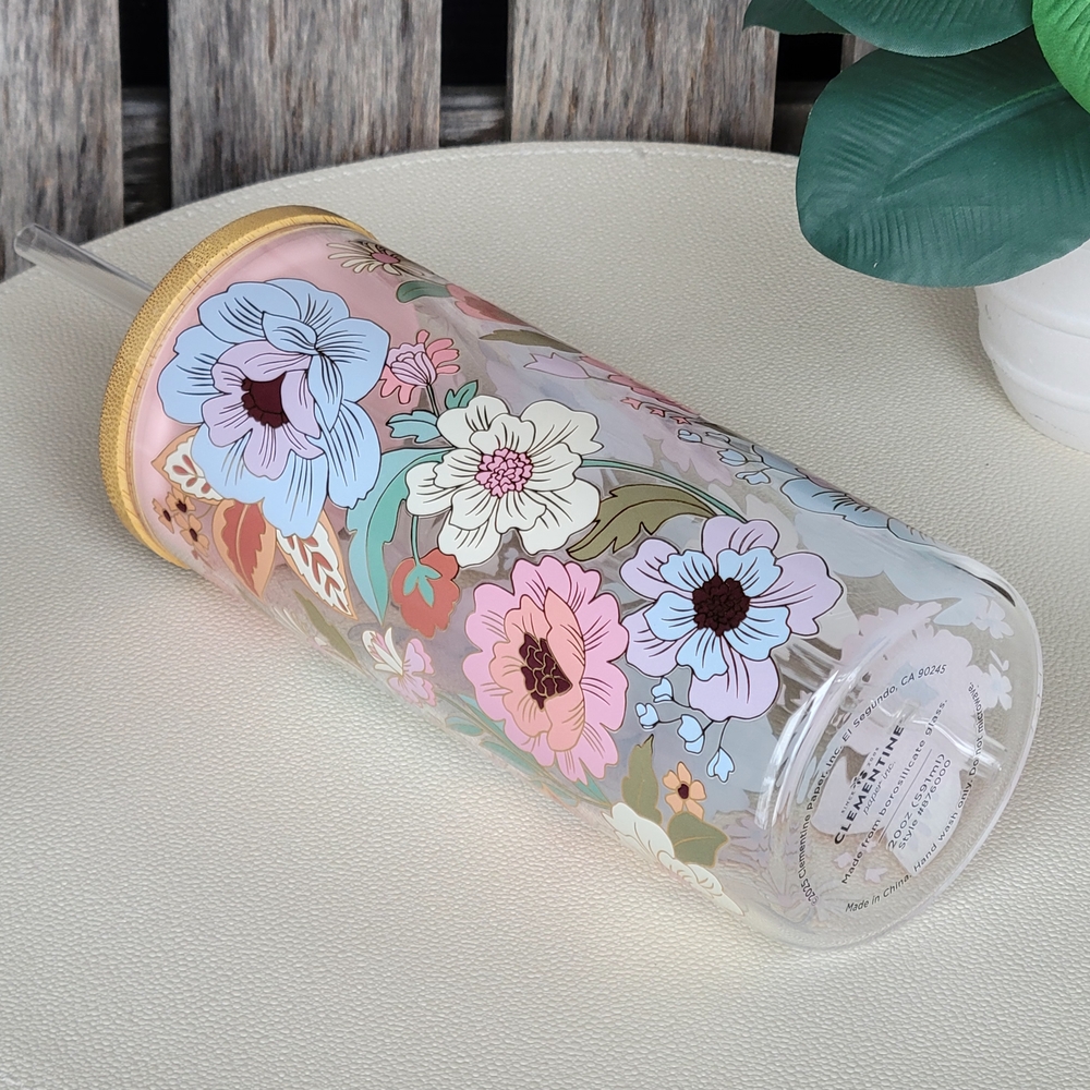 Clementine Floral Glass Tumbler with Bamboo Lid and Straw - Picture 3 of 9